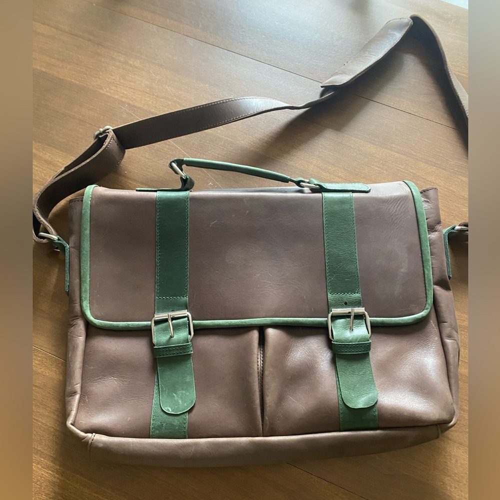 Entoto Beth Artisan Leather Briefcase Bag - Brown/Green Leather Soft